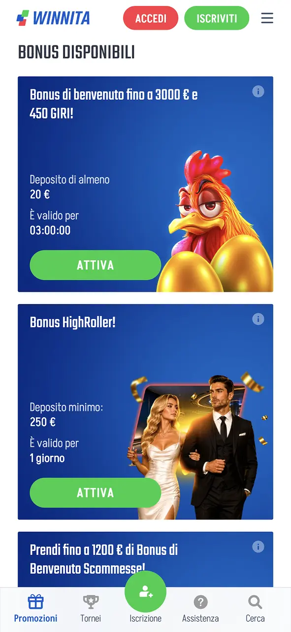 Attiva le promozioni Winnita e ricevi vantaggi extra per giocare.