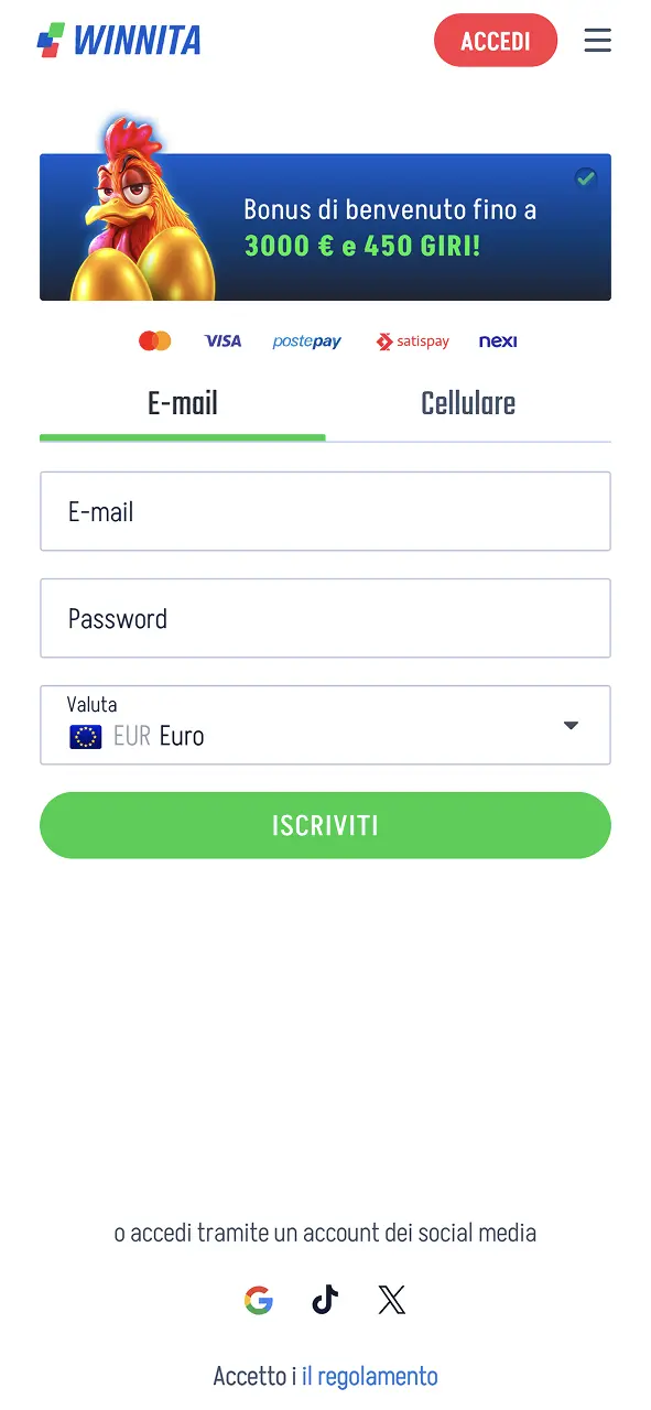 Registrati su Winnita e ottieni accesso immediato ai bonus disponibili.