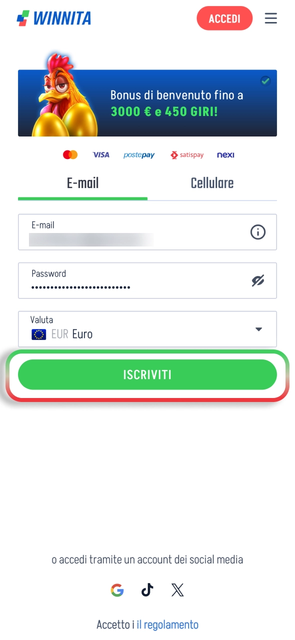 Completa la registrazione Winnita e accedi a tutte le funzionalità disponibili.