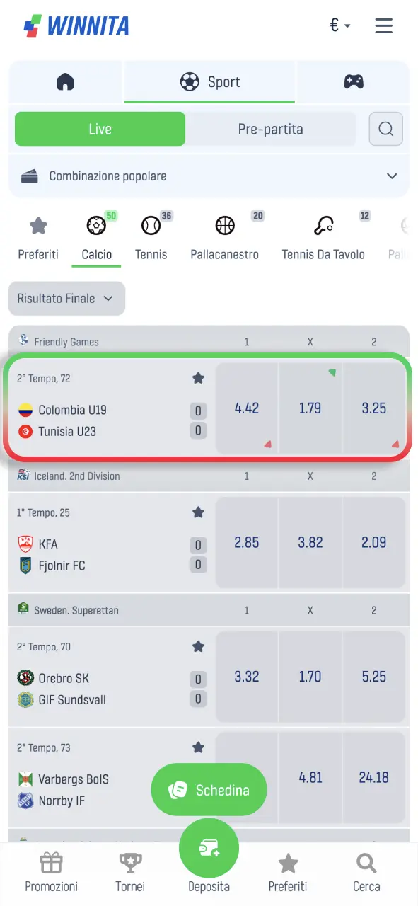 Trova il match desiderato su Winnita e punta in pochi tocchi.
