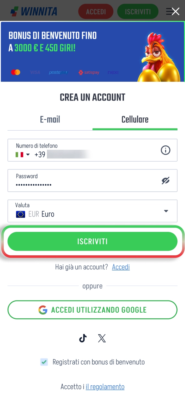 Iscriviti a Winnita e preparati a iniziare la tua esperienza di gioco.