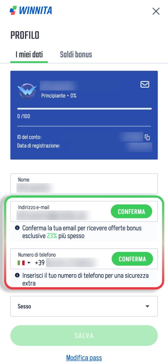 Conferma il profilo Winnita e proteggi il tuo account rapidamente.