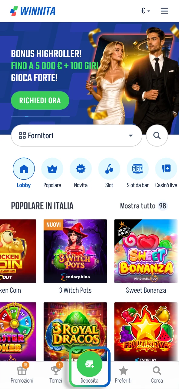 Deposita su Winnita e attiva rapidamente il bonus promozionale.