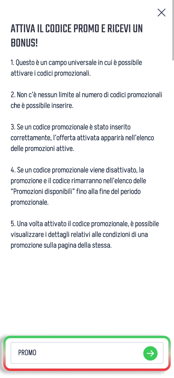 Inserisci il codice bonus Winnita e sblocca tutte le offerte previste.