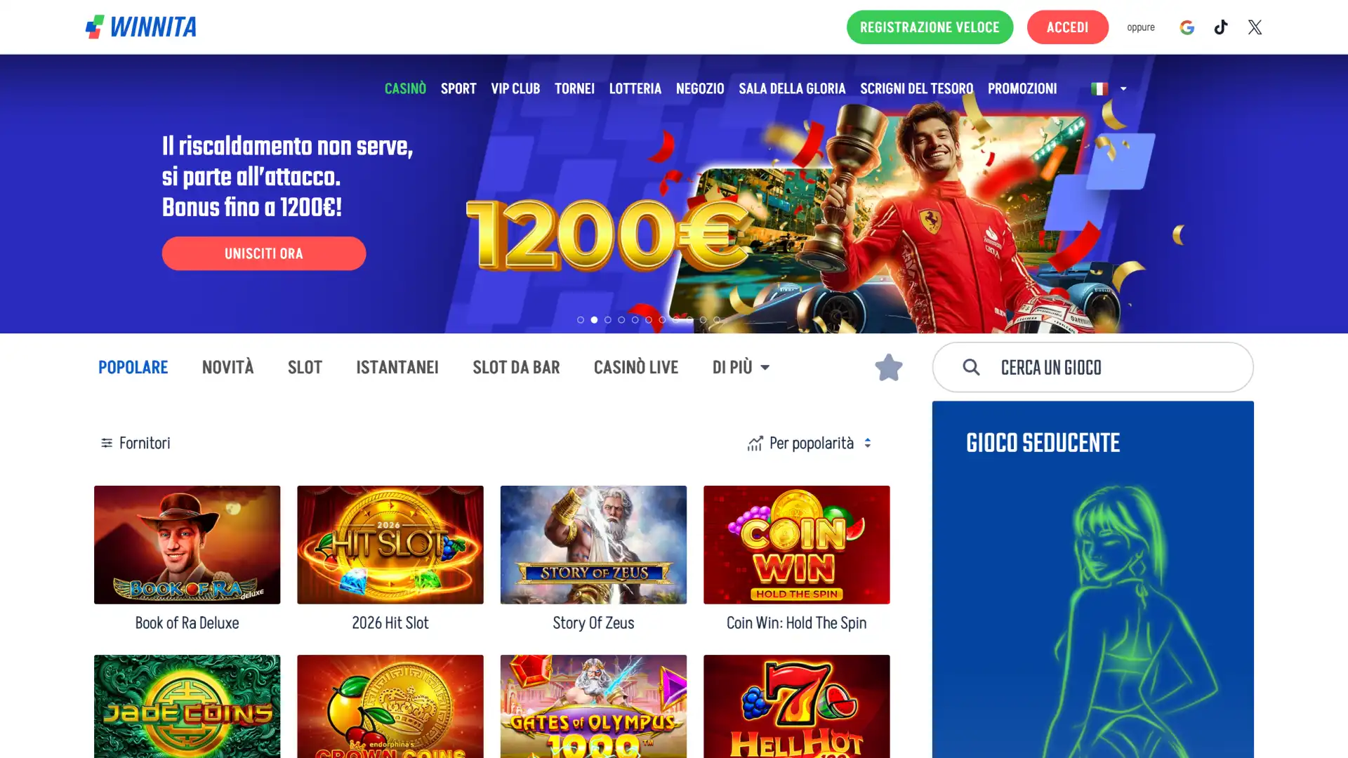 Visita la homepage Winnita e scopri promozioni e giochi in evidenza.