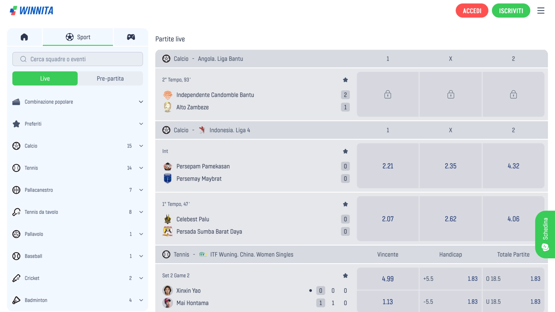 Esplora la sezione sport Winnita e scopri quote competitive.