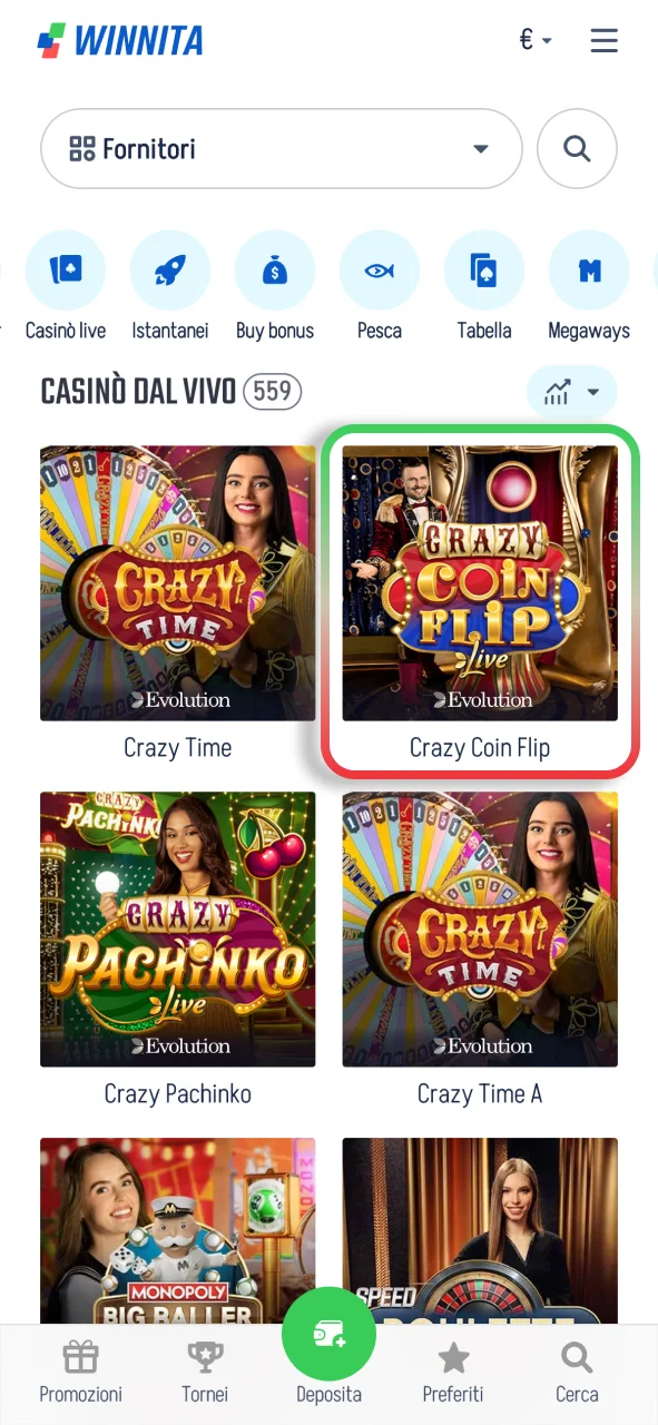Entra nella sezione live Winnita e trova rapidamente il tuo gioco preferito.