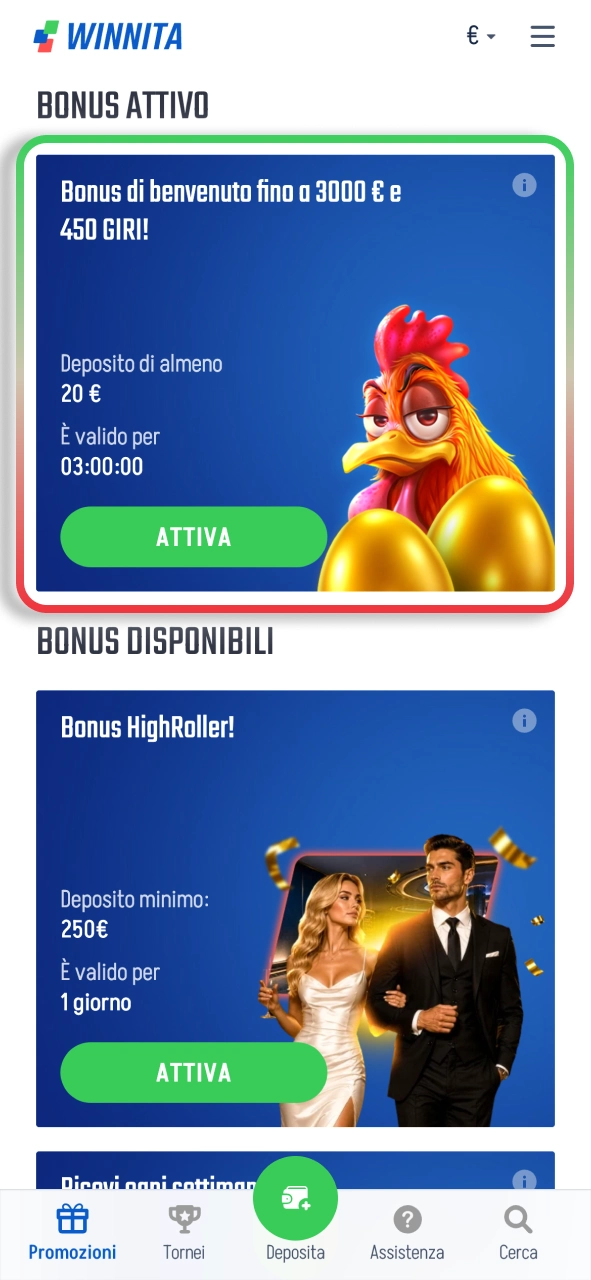 Attiva il bonus Winnita e ottieni vantaggi extra per giocare.