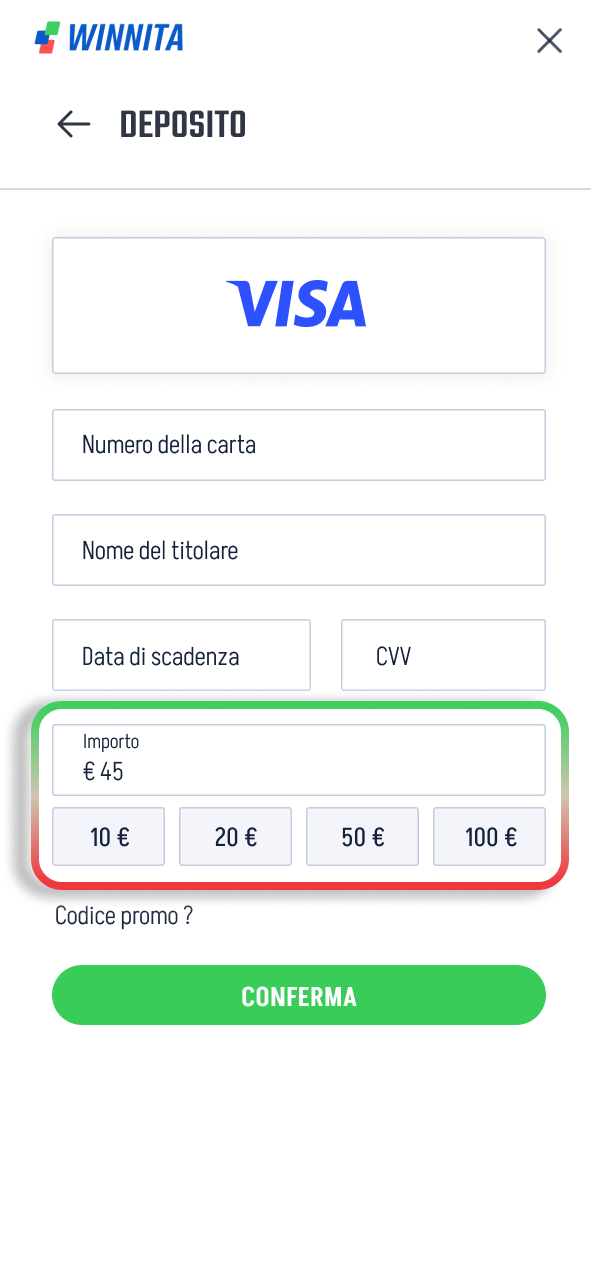 Inserisci l’importo su Winnita e prepara rapidamente la transazione.