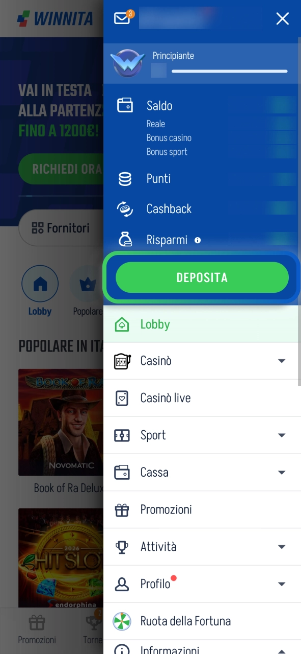 Visita la sezione depositi Winnita e scegli il metodo preferito.