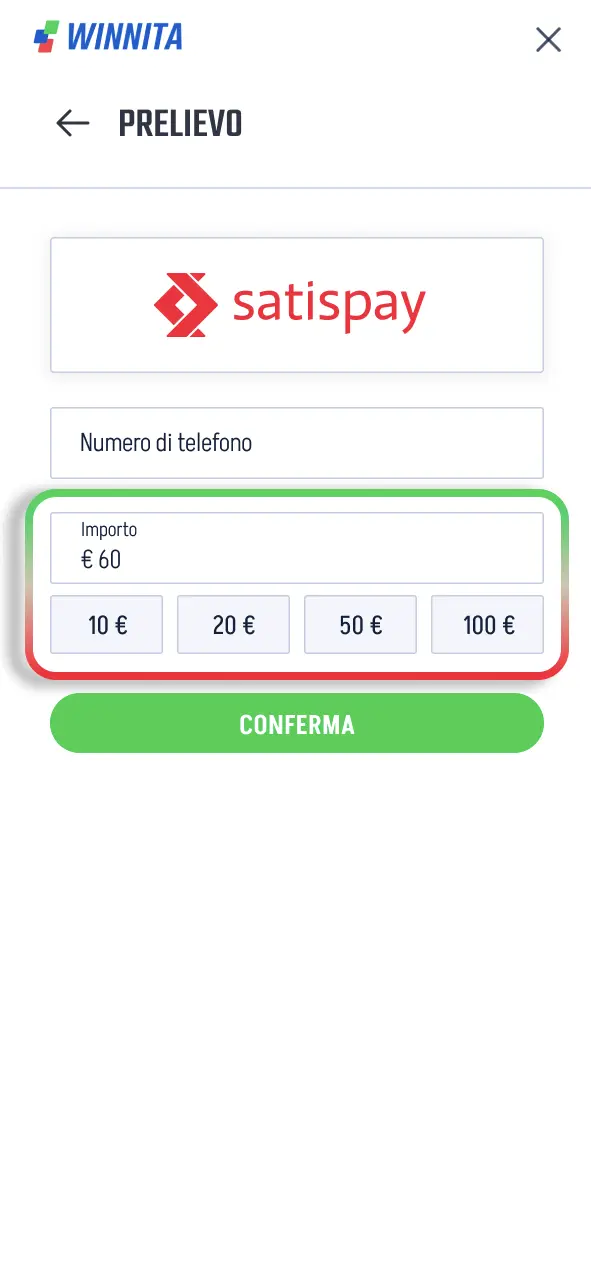 Definisci la somma da prelevare su Winnita e continua facilmente.