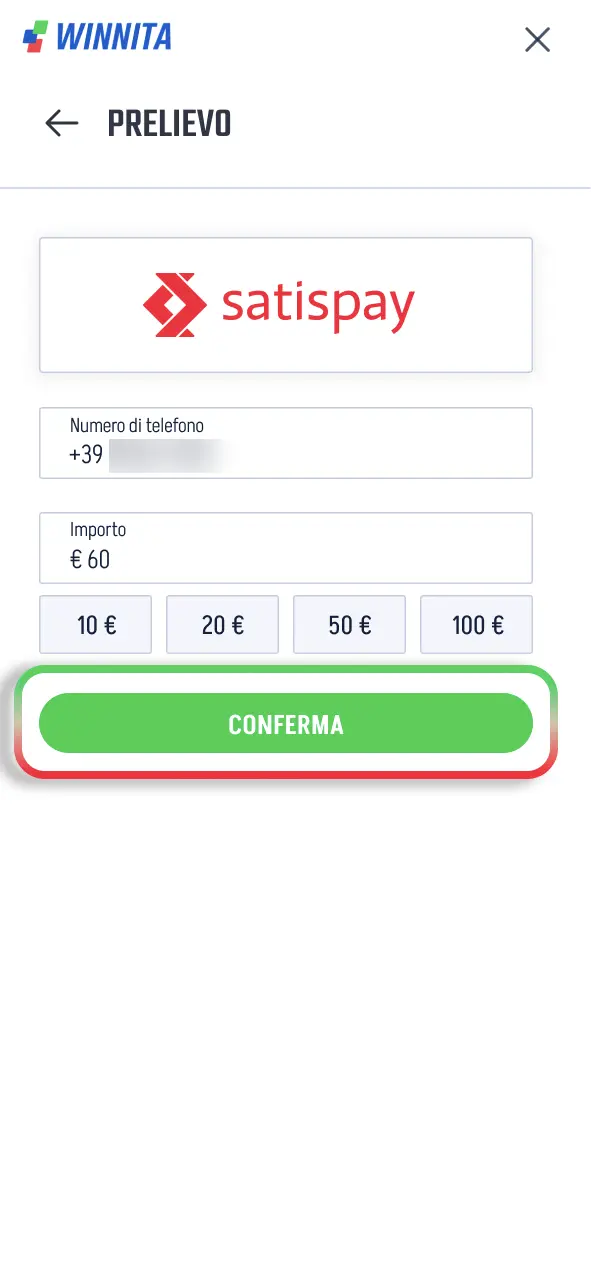 Invia la richiesta Winnita e avvia il processo di trasferimento fondi.