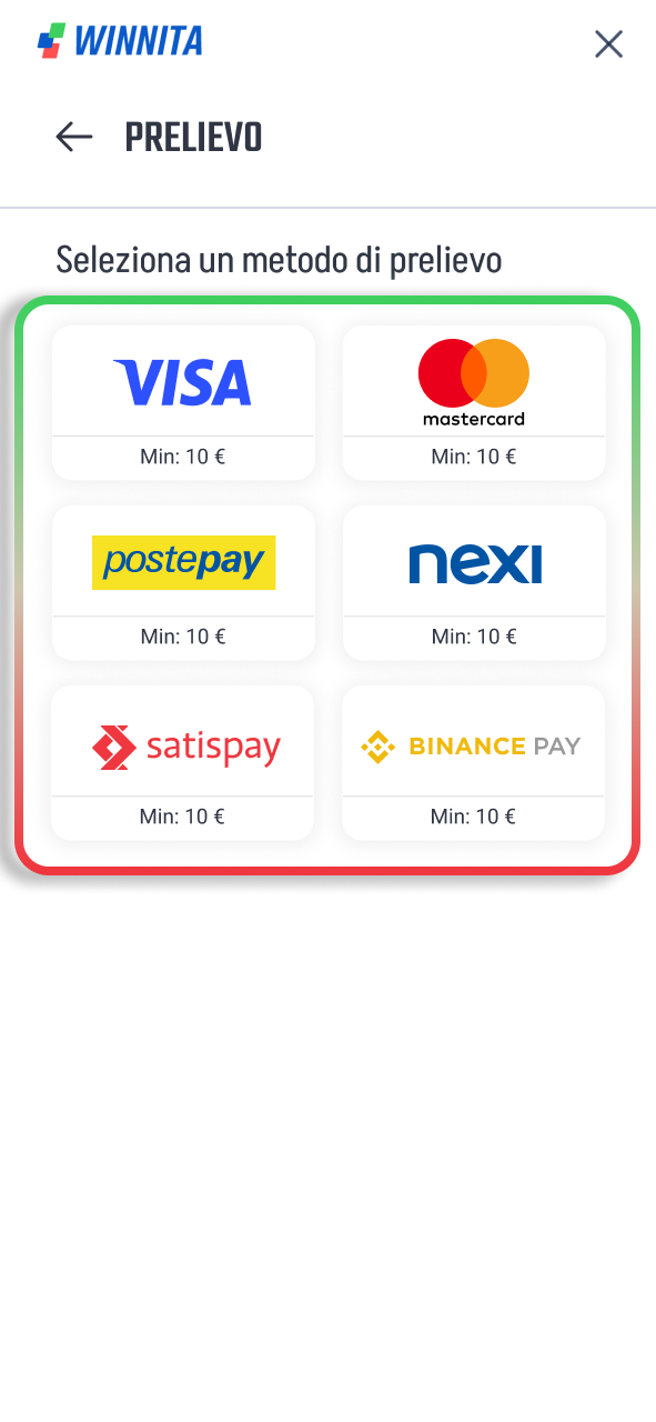 Accedi ai prelievi Winnita e scegli il metodo preferito.