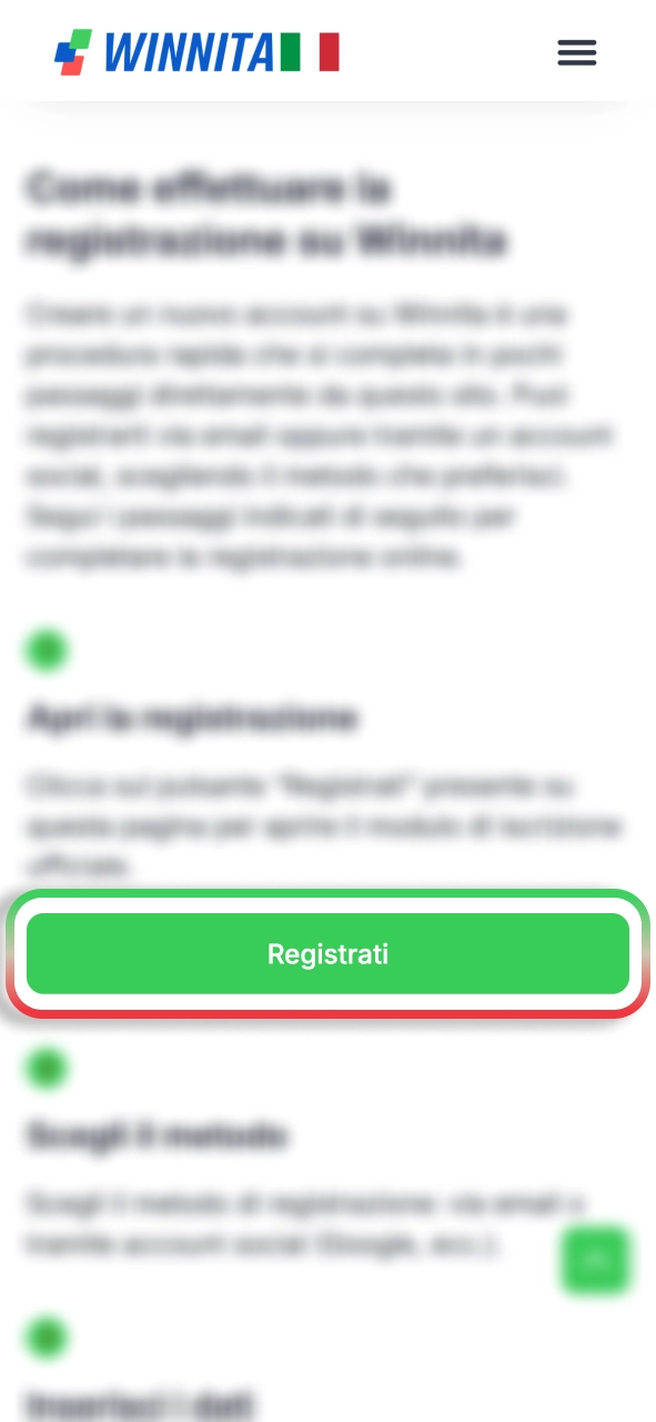 Apri la registrazione Winnita e crea il tuo account senza attese.