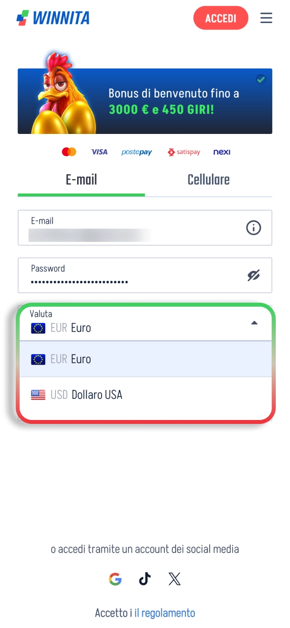 Imposta il profilo Winnita e accedi alle funzionalità disponibili.