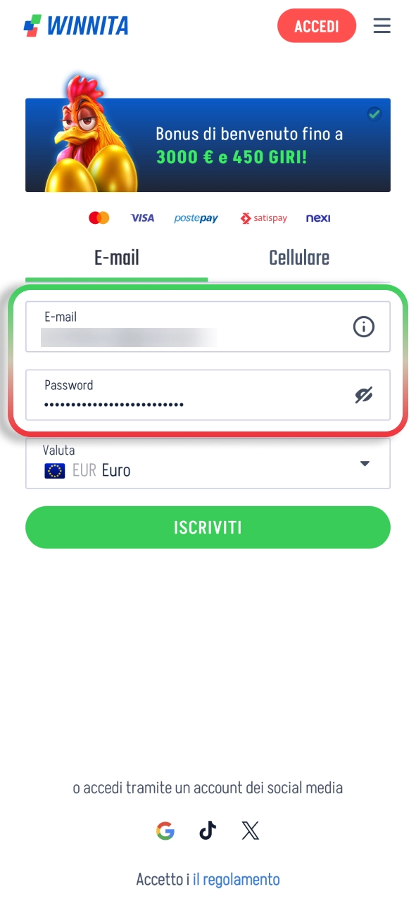 Fornisci le informazioni richieste da Winnita e continua facilmente.