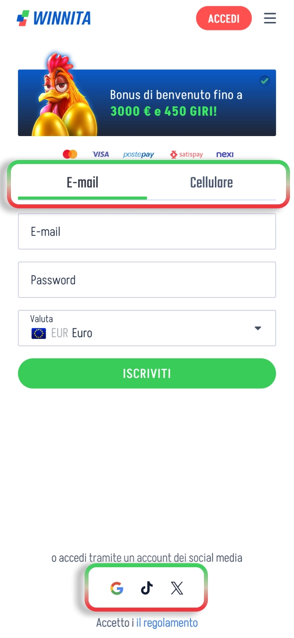Scegli il metodo Winnita più comodo e registrati rapidamente.