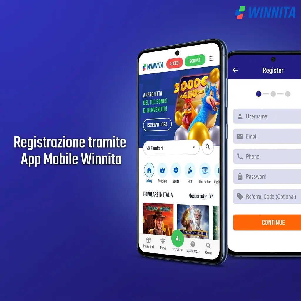 Registrazione account Winnita tramite app mobile su Android e iOS con procedura guidata.