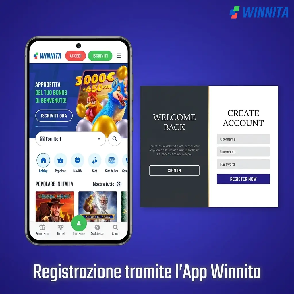 Registrazione account Winnita sull'app mobile in Italia tramite email o numero di telefono in pochi minuti.