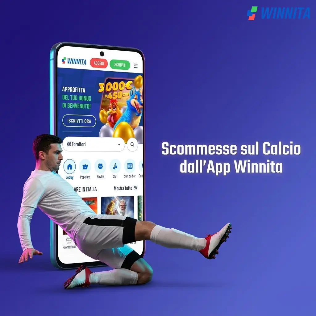 Scommessa calcio sull'app Winnita per Android e iOS con quote live aggiornate e gestione conto mobile.