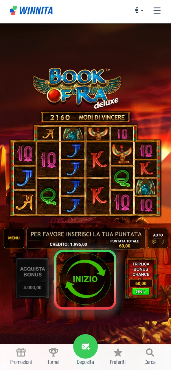 Regola la scommessa Winnita e personalizza la tua esperienza di gioco.