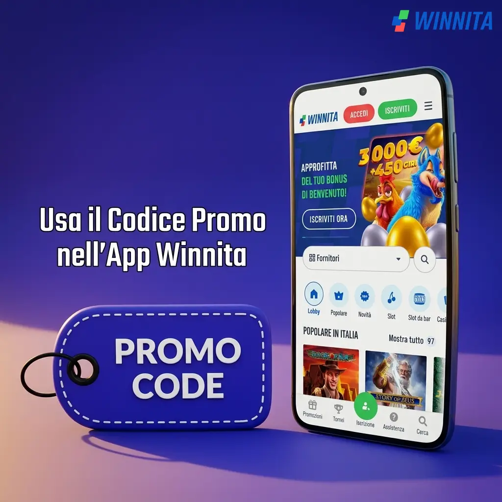 Inserimento codice promo nell'app Winnita durante la registrazione da smartphone per attivare il bonus benvenuto.