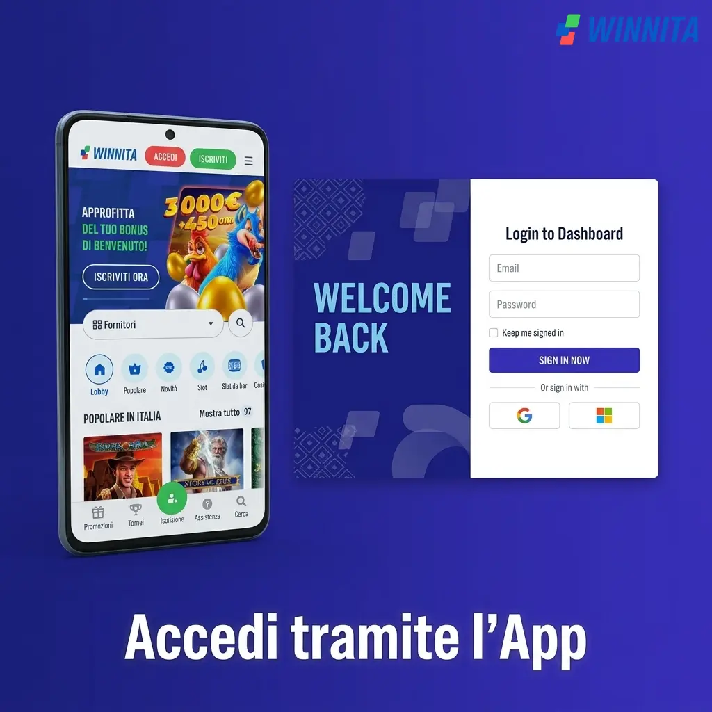 Schermata dell'app Winnita con pulsante Accedi, campo email e password per il login rapido all'account.